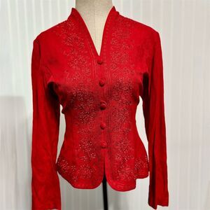 VTG‎ Karin Stevens Petites Red Beaded Embroidered Jacket Blazer 8P 10P Holiday